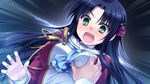  bangs black_hair blush breast_grab flower flustered game_cg grabbing green_eyes hair_flower hair_ornament hairclip hello_lady imageboard_sample jpeg_artifacts long_hair open_mouth otonashi_saku parted_bangs pov saeki_hokuto solo_focus 