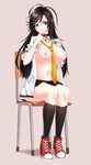  absurdres bad_id bad_pixiv_id black_hair black_legwear breasts chair closers collar fang finger_to_mouth full_body hair_ornament hairclip highres kneehighs large_breasts long_hair narynn necktie nipples open_clothes open_mouth open_shirt school_uniform shirt shoes sitting skirt sneakers solo yuri_seo 