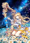  bare_shoulders blonde_hair boots castle dress earrings field flower flower_field harp highres instrument jewelry juliet_sleeves layered_dress long_hair long_sleeves music nardack night official_art petals pink_eyes playing_instrument puffy_sleeves shingoku_no_valhalla_gate short_dress sky solo star_(sky) starry_sky tiara very_long_hair white_dress yellow_dress yellow_footwear 