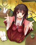  :d bow brown_eyes bunny collarbone cup efe floral_print houraisan_kaguya incoming_hug long_hair long_sleeves looking_at_viewer open_mouth outstretched_arms shirt sitting skirt smile solo table tatami teacup touhou very_long_hair wariza wide_sleeves younger 