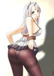  ass babydoll black_legwear breasts closers elsen from_behind levia_(closers) long_hair looking_back medium_breasts ofuda panties panties_under_pantyhose pantyhose pointy_ears purple_eyes sideboob silver_hair solo strap_slip thighband_pantyhose underwear 