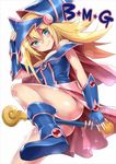  1girl artist_request ass blonde_hair boots breasts cleavage dark_magician_girl duel_monster female green_eyes hat long_hair looking_at_viewer simple_background smile solo sonsoso wand wizard_hat yu-gi-oh! yuu-gi-ou_duel_monsters 