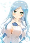  1girl :3 blue_eyes blue_hair blush breasts cleavage cleavage_cutout commentary_request hairband himouto!_umaru-chan kujiran large_breasts long_hair looking_at_viewer smile solo symbol-shaped_pupils tachibana_sylphynford translation_request very_long_hair 