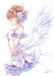  angel angel_wings brown_hair closed_eyes dress flower from_side hair_flower hair_ornament hairpin hands_on_own_chest headset koizumi_hanayo layered_dress love_live! love_live!_school_idol_festival love_live!_school_idol_project luoye petals ribbon rose short_hair smile solo two_side_up white_flower white_rose wings 
