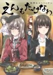  6+girls :d alcohol azumi_(girls_und_panzer) bangs beer beer_mug beret black_eyes black_hair black_hat black_jacket black_legwear black_neckwear bottle brown_eyes brown_hair casual chopsticks chouno_ami circle_name closed_mouth commentary_request cover cover_page cup doujin_cover dress_shirt froth girls_und_panzer green_skirt grey_hair hat high_collar holding holding_cup indoors jacket jacket_on_shoulders japan_ground_self-defense_force japan_self-defense_force kuroi_mimei light_brown_hair light_frown long_sleeves mature megumi_(girls_und_panzer) military miniskirt multiple_girls neck_ribbon nishizumi_shiho no_jacket open_mouth parted_bangs peeking_out pencil_skirt plate red_hair red_jacket restaurant ribbon round_eyewear rumi_(girls_und_panzer) shimada_chiyo shirt shishkebab short_hair sitting skirt smile standing straight_hair sweatdrop swept_bangs translation_request white_shirt wine_bottle 