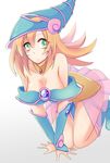 1girl all_fours artist_request blonde_hair boots breasts cleavage dark_magician_girl duel_monster female green_eyes hat long_hair solo sterilizedgauze-qhx white_background wizard_hat yu-gi-oh! yuu-gi-ou_duel_monsters 