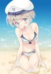  :d adapted_costume aqua_eyes bangs bare_shoulders beach blush breasts cleavage clothes_writing collarbone eyebrows eyebrows_visible_through_hair eyes_visible_through_hair hair_between_eyes hat highres imu_sanjo jpeg_artifacts kantai_collection looking_at_viewer navel neckerchief open_mouth outdoors sailor_collar sailor_hat short_hair silver_hair small_breasts smile solo swimsuit thigh_gap water white_hat z1_leberecht_maass_(kantai_collection) 
