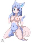  1girl artist_request blue_eyes breasts dog female furry heterochormia heterochromia long_hair nipples purple_eyes pussy simple_background solo uncensored 