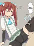  1boy 1girl bike_shorts cum ejaculation kantai_collection simple_background spats thighhighs translated 