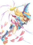 1girl artist_request blonde_hair boots breasts dark_magician_girl duel_monster female green_eyes hat hosimihohosi long_hair simple_background smile solo wand wizard_hat yu-gi-oh! yuu-gi-ou_duel_monsters 