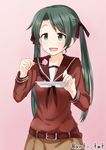  anti_(untea9) belt blush commentary_request eating gradient gradient_background green_eyes green_hair hair_ribbon highres kantai_collection long_hair mikuma_(kantai_collection) open_mouth pink_background ribbon school_uniform serafuku simple_background skirt solo twintails twitter_username 