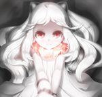  3: ahoge bad_id bad_pixiv_id blurry boruhis depth_of_field dress horns kantai_collection long_hair looking_at_viewer mittens northern_ocean_hime red_eyes shinkaisei-kan solo white_dress white_hair white_skin 