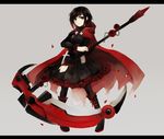  brown_eyes brown_hair cape chomachi cross flower gothic_lolita grey_background letterboxed lolita_fashion pantyhose petals plant rose rose_petals ruby_rose rwby scythe smile solo thorns vines 