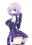  :o arched_back ass bangs bare_shoulders black_dress breasts chan_co cowboy_shot dress elbow_gloves fate/grand_order fate_(series) from_behind gloves hair_over_one_eye large_breasts looking_back mash_kyrielight panties purple_eyes purple_panties short_dress short_hair silver_hair simple_background skindentation sleeveless sleeveless_dress solo thigh_strap underwear white_background 