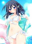  bikini black_hair blue_eyes highres hinayuki_won innertube jacket kurimochi_chizuru long_hair original solo standing swimsuit 