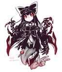  black_bow black_hair bow candy chain chibi choker commentary_request food glowing glowing_eyes gothic_lolita hair_bow kantai_collection ko-on_(ningen_zoo) lolita_fashion lollipop long_hair navel red_eyes seaplane_tender_hime shinkaisei-kan solo spikes tongue twitter_username 