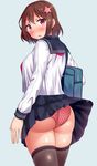  1girl ass bag blush breasts brown_hair from_behind hair_ornament hairpin huge_ass looking_at_viewer looking_back open_mouth original panties pink_panties polka_dot polka_dot_panties polka_dots purple_eyes sakaura_(layer255) school_uniform serafuku shiny shiny_skin short_hair sideboob simple_background skirt skirt_lift solo thighhighs underwear 