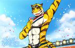  abs bearlovestiger13 biceps clothing feline male mammal morenatsu muscles nipples pecs smile solo stripes swimsuit tiger torahiko_(morenatsu) water 