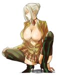  black_legwear boots breasts choker cleavage full_body glasses high_heels highres large_breasts plaid plaid_skirt prison_school reki_(2560736) shiraki_meiko short_hair silver_hair simple_background skirt solo squatting sweat thighhighs tied_hair white_background 