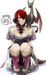  artist_request au_ra bare_shoulders breasts cleavage collarbone commentary_request dragon dragon_girl dragon_horns dragon_tail feathers final_fantasy final_fantasy_xiv horn_ring horns midgardsormr red_eyes red_hair robo8 sandals scales short_hair simple_background small_breasts smile solo squatting tail white_background 