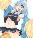  ahoge armpits blue_hair blue_wings breasts cheerleader commentary_request convenient_leg eyebrows_visible_through_hair eyes_visible_through_hair fang feathered_wings feathers hair_between_eyes harpy highres karatakewari monster_girl monster_musume_no_iru_nichijou navel one_eye_closed open_mouth papi_(monster_musume) pom_poms simple_background skirt small_breasts solo white_background wings yellow_eyes 