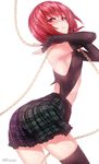  bad_id bad_pixiv_id bare_shoulders black_gloves black_legwear breasts chain elbow_gloves fingerless_gloves gloves hecatia_lapislazuli looking_at_viewer medium_breasts no_hat no_headwear patata plaid plaid_skirt red_eyes red_hair short_hair sideboob skirt solo thighhighs touhou white_background 