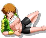  bike_shorts breasts brown_eyes brown_hair cameltoe collarbone green_jacket ide_(cristo) jacket looking_at_viewer lying medium_breasts nipples on_side panties_under_bike_shorts persona persona_4 satonaka_chie shadow shirt_lift short_hair simple_background sleeves_rolled_up smile socks solo stomach tank_top track_jacket white_background wristband 