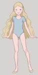  1girl blonde_hair blue_eyes blush child female flat_chest leotard long_hair looking_at_viewer michito_sorataka open_mouth simple_background sketch slippers solo standing wavy_hair 