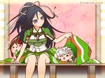  amagi_(kantai_collection) armor asymmetrical_hair black_hair blue_eyes braid brown_hair chibi furisode hair_ribbon japanese_clothes kantai_collection katsuragi_(kantai_collection) kimono long_hair looking_at_another lying_on_person midriff multiple_girls open_mouth ponytail ribbon saliva short_sleeves silver_hair single_braid sitting sleeping unryuu_(kantai_collection) white_ribbon wooden_floor worried yumaru_(marumarumaru) 