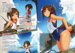  :d article bare_shoulders blue_sky brown_eyes brown_hair character_name cloud covered_navel day hair_ornament high_ponytail i-401_(kantai_collection) jpeg_artifacts kantai_collection kodama_yuu machinery name_tag one-piece_swimsuit open_mouth palm_tree partially_submerged ponytail sailor_collar school_swimsuit skin_tight sky smile swimsuit swimsuit_under_clothes tan tanline translation_request tree wading water watermark wet wet_clothes 