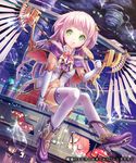 candy cloud elbow_gloves feathers floating_island food gears gloves green_eyes hair_ornament high_heels highres licking_lips lollipop mecha mechanical_wings naka_(2133455) navel official_art pink_hair purple_footwear science_fiction senjou_no_electro_girl shoes short_hair solo thighhighs tongue tongue_out tower white_gloves white_legwear wings 