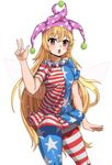  1girl american_flag_dress american_flag_legwear bangs blonde_hair blush chestnut_mouth clownpiece fairy_wings fingernails fingers flat_chest hat heart heart-shaped_pupils highres jester_cap light long_hair open_mouth pantyhose red_eyes short_sleeves simple_background solo striped striped_legwear symbol-shaped_pupils thighs touhou very_long_hair white_background wings zhayoulu 