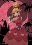  :d bare_shoulders blonde_hair blue_eyes bow castle demon demon_horns dress elbow_gloves flying frostcyco gloves hair_bun hairband heart heart_cheeks highres horns index_finger_raised long_hair looking_at_viewer moon open_mouth pink_dress red_moon sidelocks smile solo star_butterfly star_vs_the_forces_of_evil white_gloves 