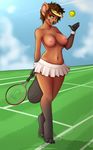  2015 anthro areola beaver big_breasts black_fur black_nose breasts brown_fur brown_hair clothed clothing cloud female fur grass green_eyes hair half-dressed hindpaw looking_at_viewer mammal navel nipples paws racket robyn_paperdoll rodent short_hair skirt sky smile solo standing sweatband topless 