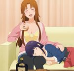  2girls blush breasts brown_hair cleavage couch eyes_closed lap long_hair lying multiple_girls on_side open_mouth purple_hair screencap sitting smile takanashi_kozue working!! yamada_aoi 