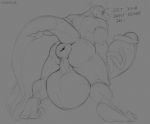  anthro anus backsack balls big_balls dinosaur english_text erection greyscale huge_balls humanoid_penis hyper hyper_anus hyper_balls hyper_penis looking_back male monochrome muscular muscular_male nude penis puffy_anus reptile scalie sketch smile solo spiritraptor standing text vein 