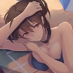  beach bikini blue_bikini breasts brown_eyes brown_hair choker cleavage collarbone dyson_(edaokunnsaikouya) hand_on_own_head hand_on_own_shoulder kaga_(kantai_collection) kantai_collection large_breasts light_smile long_hair looking_at_viewer lying on_side revision shadow side_ponytail solo swimsuit umbrella underboob 