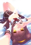  animal_ears brown_hair dexp hairband highres legs looking_at_viewer lying midriff navel on_back original outstretched_arm smile solo uniform upside-down yellow_eyes 