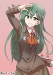  anti_(untea9) commentary_request green_eyes green_hair grin hair_ornament hairclip kantai_collection long_hair pink_background shading_eyes simple_background smile solo suzuya_(kantai_collection) twitter_username 