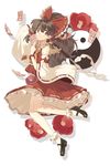  ascot bad_id bad_pixiv_id bare_shoulders bow bracelet brown_hair detached_sleeves flower gohei hair_bow hair_tubes hakurei_reimu jewelry long_hair long_sleeves looking_at_viewer mary_janes nontraditional_miko ofuda pig_ggul red_eyes shirt shoes skirt skirt_set solo spell_card touhou wide_sleeves yin_yang 