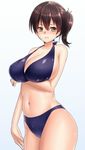  3: alternate_costume arm_at_side bikini blue_bikini blush breast_hold breasts brown_eyes brown_hair cleavage highres huge_breasts jpeg_artifacts kaga_(kantai_collection) kantai_collection keita_(tundereyuina) looking_to_the_side navel side_ponytail sideboob solo swimsuit v-shaped_eyebrows 