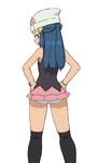  ass beanie black_legwear blue_eyes blue_hair blush chiwino from_behind hands_on_hips hat hikari_(pokemon) long_hair looking_at_viewer looking_back miniskirt open_mouth panties pantyshot pantyshot_(standing) pokemon pokemon_(game) pokemon_dppt skirt skirt_lift smile solo standing thighhighs underwear white_background white_panties 