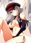  alisa_ilinichina_amiella areola_slip areolae black_vest blue_eyes breasts elbow_gloves gloves god_eater hat highres ka2 large_breasts long_hair naked_vest open_clothes open_vest panties red_panties side-tie_panties silver_hair solo underwear vest zoom_layer 