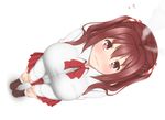  blush breasts ebina_nana from_above highres himouto!_umaru-chan kyounami large_breasts long_hair looking_at_viewer looking_up red_eyes red_hair school_uniform shirt simple_background skirt smoke solo twintails wavy_mouth white_background 