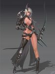  aion armor asymmetrical_clothes belt bikini_armor boots bow_(weapon) breasts elf eyepatch grey_hair highres huge_breasts long_hair pauldrons pointy_ears single_thighhigh smjim1986 solo thighhighs weapon 