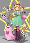  ;d blonde_hair blue_eyes boots demon_horns dress flying frostcyco green_dress hairband heart heart_cheeks horn horns long_hair monster octopus one_eye_closed open_mouth pantyhose smile snail standing star star-shaped_pupils star_butterfly star_vs_the_forces_of_evil striped striped_legwear symbol-shaped_pupils w wand 