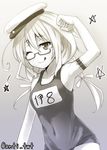  ;q anti_(untea9) armlet armpits collarbone commentary_request covered_navel dojikko_pose hat i-8_(kantai_collection) kantai_collection monochrome old_school_swimsuit one-piece_swimsuit one_eye_closed school_swimsuit solo star swimsuit tongue tongue_out twitter_username 