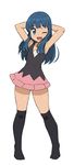  ;d armpits arms_behind_head arms_up black_legwear blue_eyes blue_hair blush chiwino hikari_(pokemon) long_hair looking_at_viewer no_hat no_headwear one_eye_closed open_mouth pokemon pokemon_(game) pokemon_dppt skirt smile solo standing thighhighs white_background 