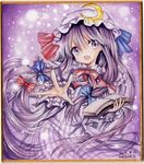  book crescent dated dress hair_ribbon hat long_hair looking_at_viewer mob_cap mosho open_book open_mouth outstretched_hand patchouli_knowledge purple_dress purple_eyes purple_hair ribbon shikishi signature solo striped striped_dress touhou traditional_media tress_ribbon very_long_hair 
