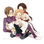  3boys ^_^ blonde_hair blue_eyes blush breasts brown_hair carrying cleavage closed_eyes fang female_saniwa_(touken_ranbu) gokotai heart heshikiri_hasebe hug kashuu_kiyomitsu medium_breasts multiple_boys open_mouth ponytail saniwa_(touken_ranbu) sitting smile touken_ranbu track_suit utatane white_hair 